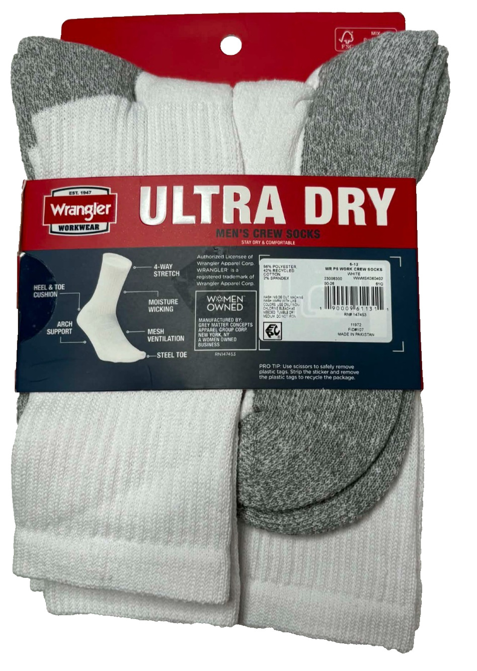 Wrangler Workwear Ultra Dry Crew Socks Mens Size 6-12 White Gray Moisture Wickin